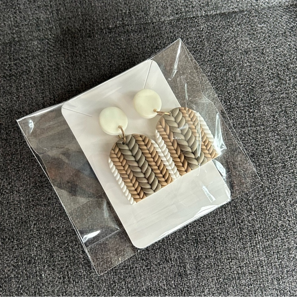 Fun, Cable Knit Sweater Pattern Clay Drop Dangle Earrings, White, Tan - Picture 15 of 16
